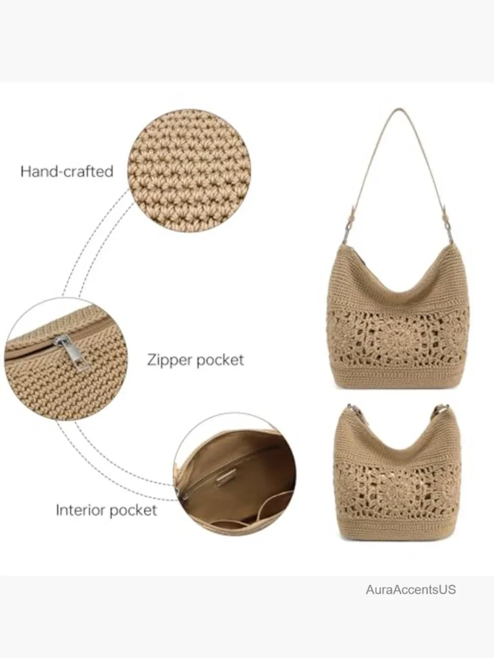 Crochet Hobo Bag Woven Boho Shoulder Purse Leather Strap